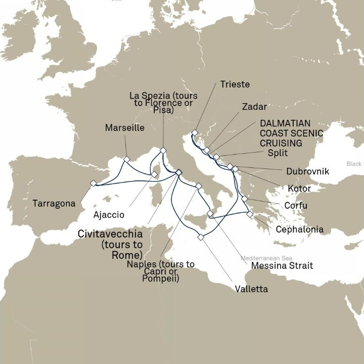 Queen Elizabeth Voyage Q818B itinerary map from Civitavecchia (tours to Rome), Italy to Civitavecchia (tours to Rome), Italy