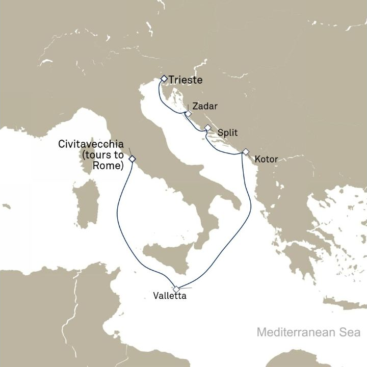 Queen Elizabeth Voyage Q818 itinerary map from Civitavecchia (tours to Rome), Italy to Trieste, Italy
