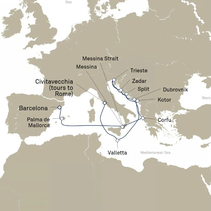 Queen Elizabeth Voyage Q815A itinerary map from Civitavecchia (tours to Rome), Italy to Barcelona, Spain