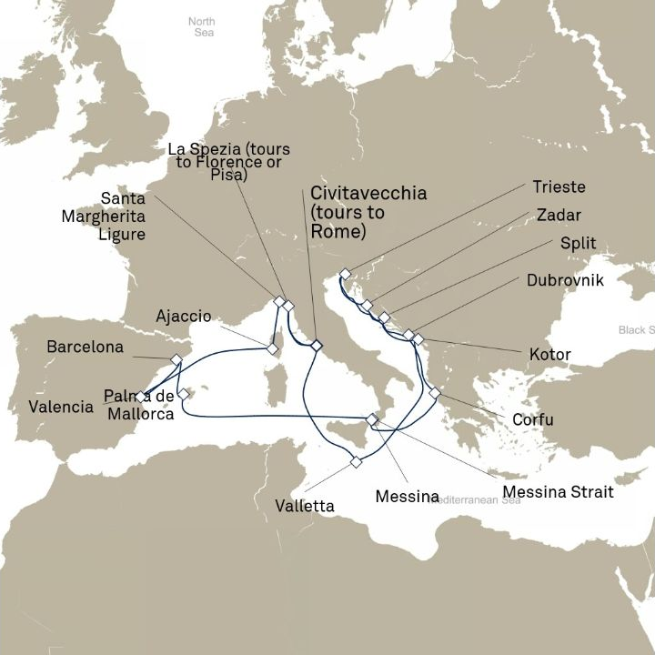 Queen Elizabeth Voyage Q815B itinerary map from Civitavecchia (tours to Rome), Italy to Civitavecchia (tours to Rome), Italy