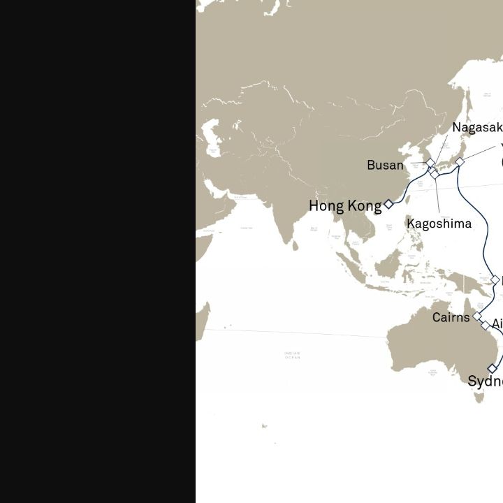 Queen Elizabeth Voyage Q805A itinerary map from Hong Kong, China to Sydney, NSW, Australia