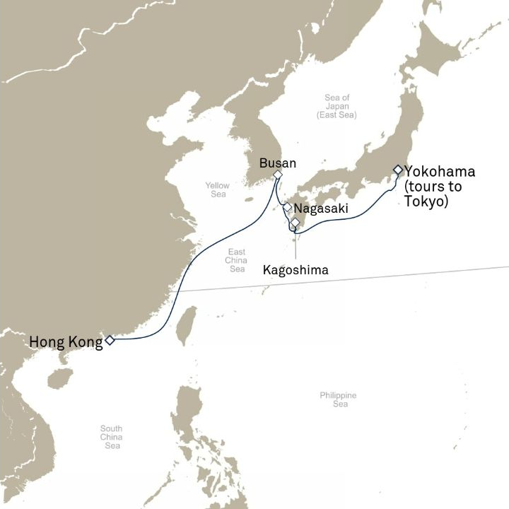 Queen Elizabeth Voyage Q805 itinerary map from Hong Kong, China to Yokohama (tours to Tokyo), Japan