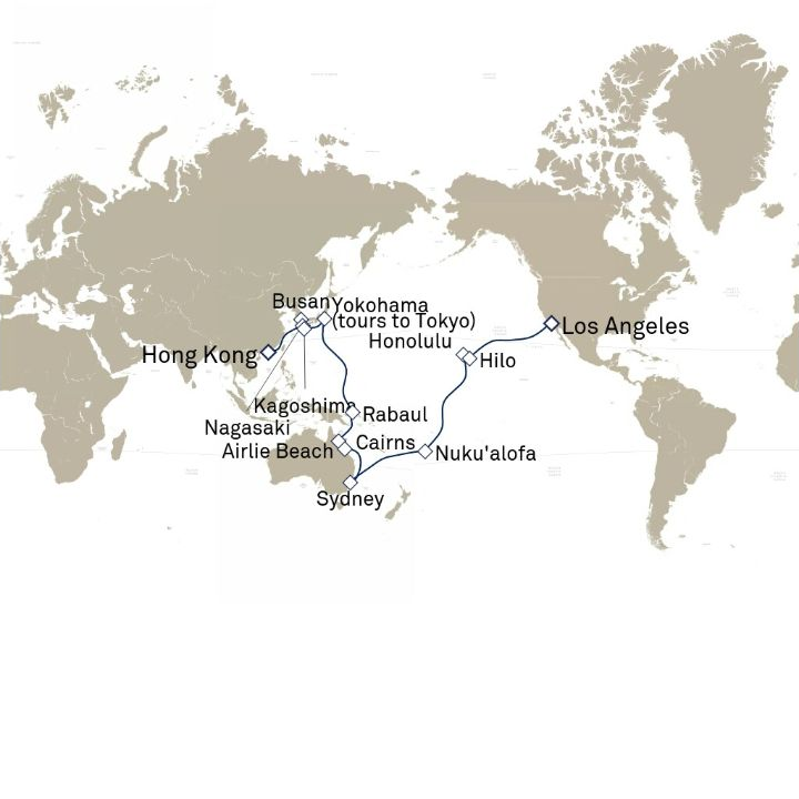 Queen Elizabeth Voyage Q805B itinerary map from Hong Kong, China to Los Angeles, CA, USA