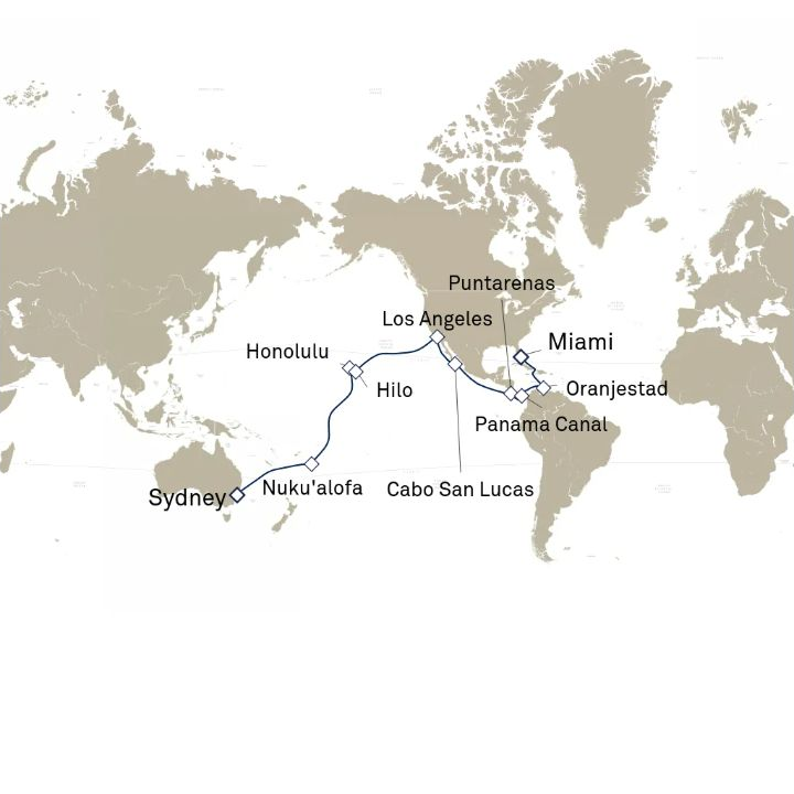 Queen Elizabeth Voyage Q807A itinerary map from Sydney, NSW, Australia to Miami, FL, USA