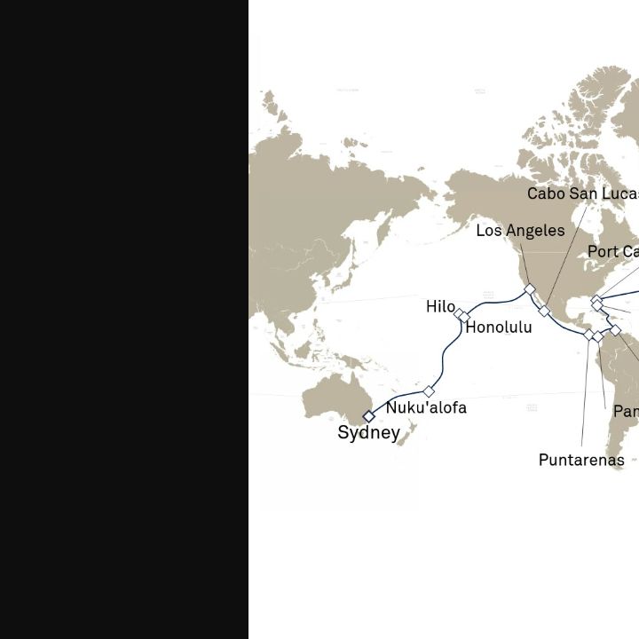 Queen Elizabeth Voyage Q807B itinerary map from Sydney, NSW, Australia to Southampton, England, UK