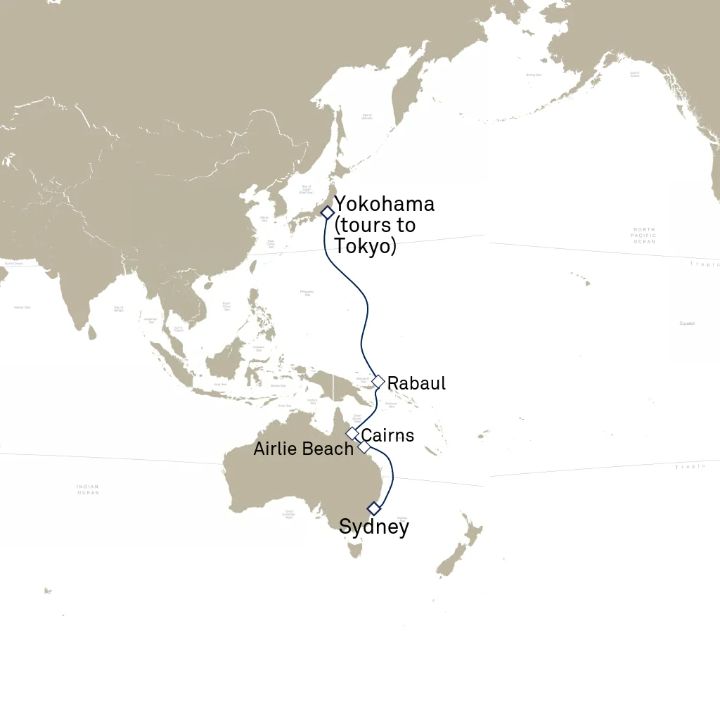 Queen Elizabeth Voyage Q806 itinerary map from Yokohama (tours to Tokyo), Japan to Sydney, NSW, Australia