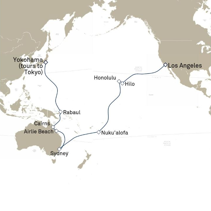 Queen Elizabeth Voyage Q806A itinerary map from Yokohama (tours to Tokyo), Japan to Los Angeles, CA, USA