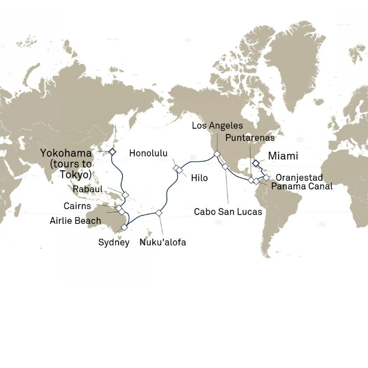 Queen Elizabeth Voyage Q806B itinerary map from Yokohama (tours to Tokyo), Japan to Miami, FL, USA
