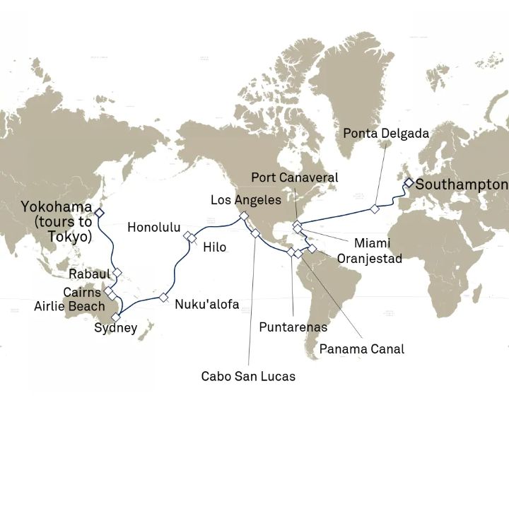 Queen Elizabeth Voyage Q806C itinerary map from Yokohama (tours to Tokyo), Japan to Southampton, England, UK