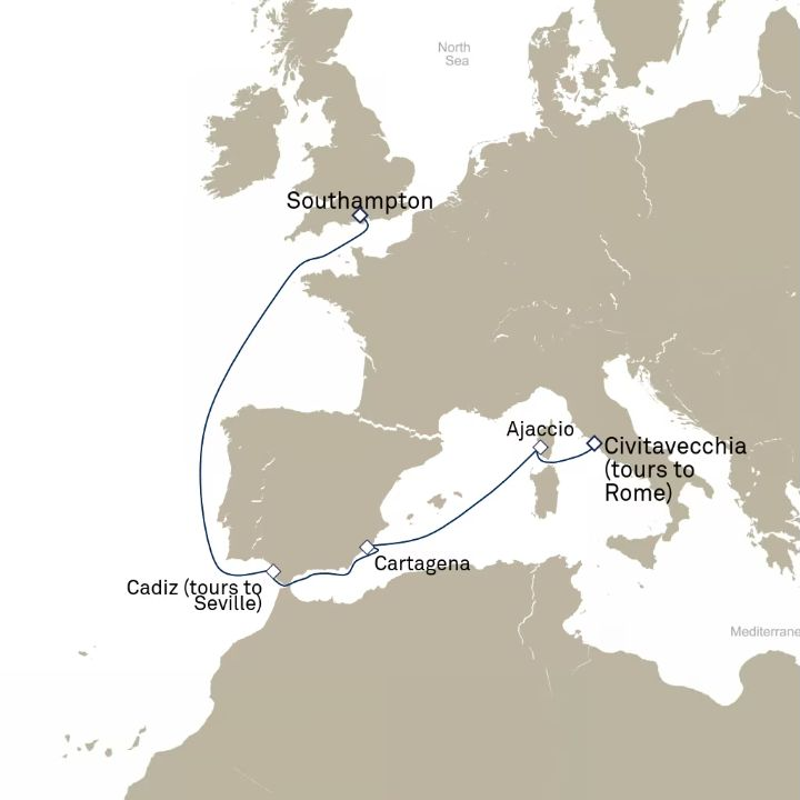 Queen Elizabeth Voyage Q812 itinerary map from Southampton, England, UK to Civitavecchia (tours to Rome), Italy