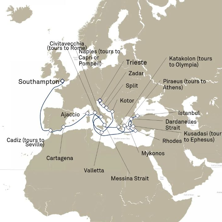 Queen Elizabeth Voyage Q812C itinerary map from Southampton, England, UK to Trieste, Italy