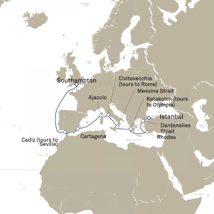 Queen Elizabeth Voyage Q812A itinerary map from Southampton, England, UK to Istanbul, Turkey