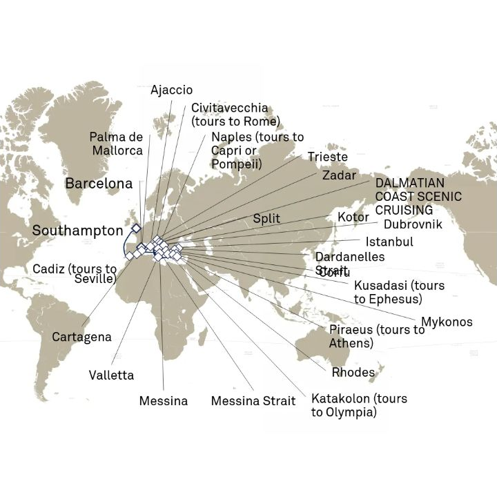 Queen Elizabeth Voyage Q812D itinerary map from Southampton, England, UK to Barcelona, Spain