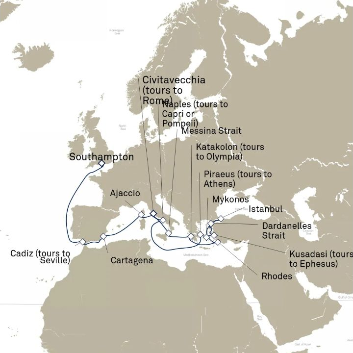 Queen Elizabeth Voyage Q812B itinerary map from Southampton, England, UK to Civitavecchia (tours to Rome), Italy