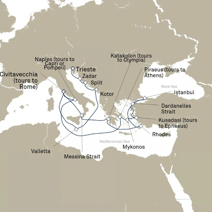 Queen Elizabeth Voyage Q813B itinerary map from Civitavecchia (tours to Rome), Italy to Trieste, Italy
