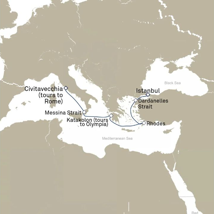 Queen Elizabeth Voyage Q813 itinerary map from Civitavecchia (tours to Rome), Italy to Istanbul, Turkey
