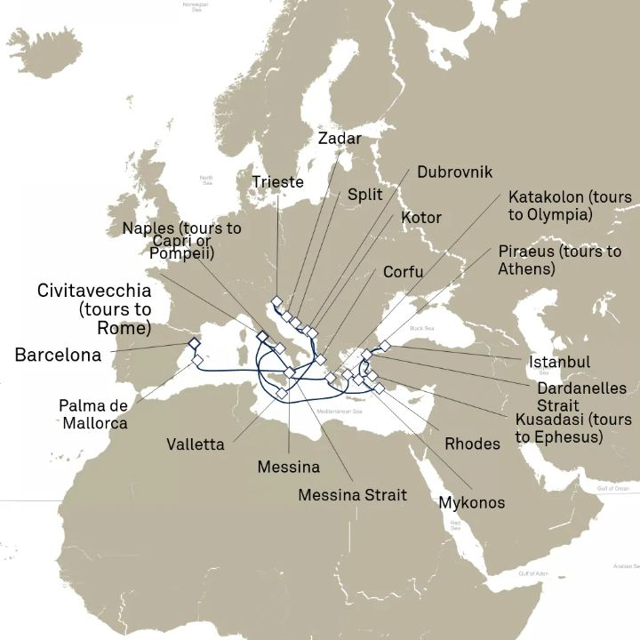 Queen Elizabeth Voyage Q813C itinerary map from Civitavecchia (tours to Rome), Italy to Barcelona, Spain
