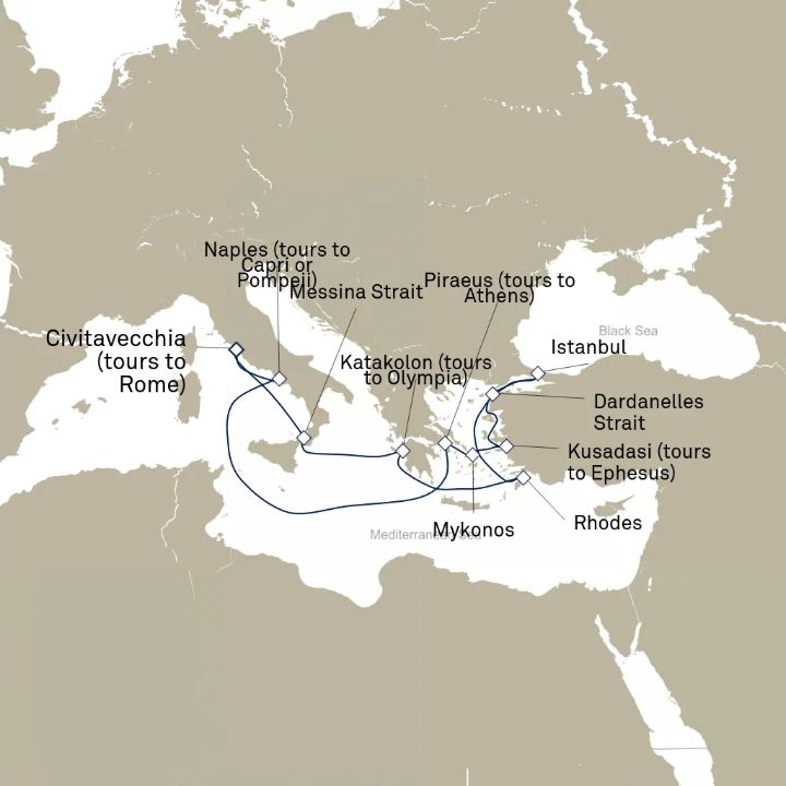 Queen Elizabeth Voyage Q813A itinerary map from Civitavecchia (tours to Rome), Italy to Civitavecchia (tours to Rome), Italy