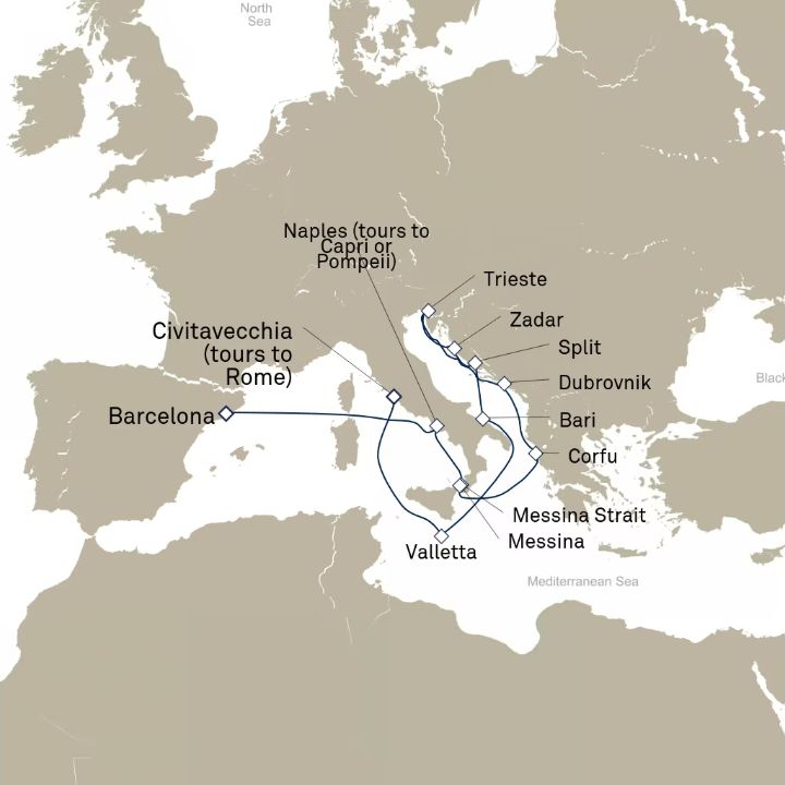 Queen Elizabeth Voyage Q827A itinerary map from Civitavecchia (tours to Rome), Italy to Barcelona, Spain