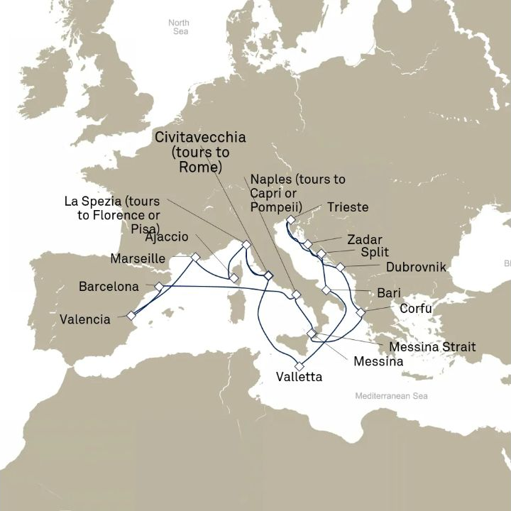 Queen Elizabeth Voyage Q827B itinerary map from Civitavecchia (tours to Rome), Italy to Civitavecchia (tours to Rome), Italy