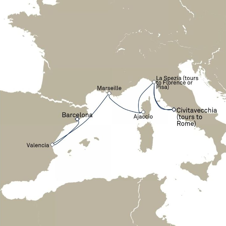 Queen Elizabeth Voyage Q829 itinerary map from Barcelona, Spain to Civitavecchia (tours to Rome), Italy