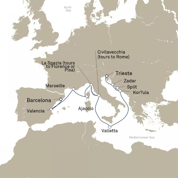 Queen Elizabeth Voyage Q829A itinerary map from Barcelona, Spain to Trieste, Italy