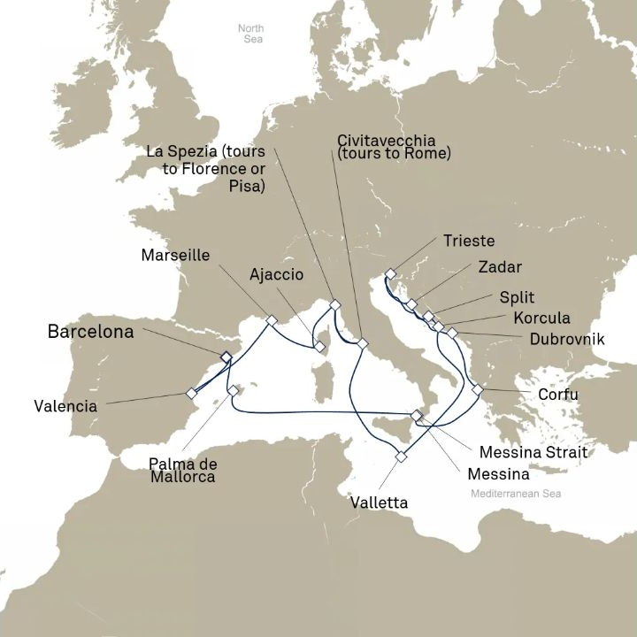 Queen Elizabeth Voyage Q829B itinerary map from Barcelona, Spain to Barcelona, Spain