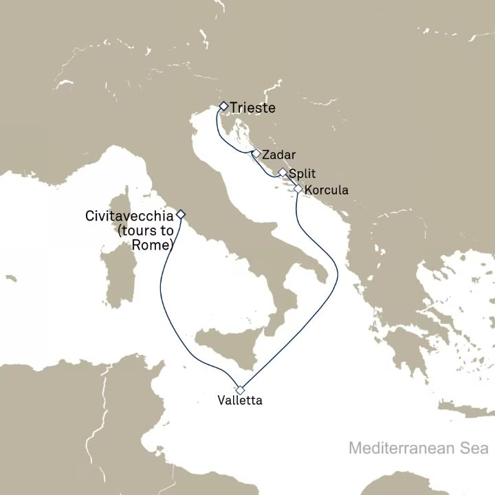 Queen Elizabeth Voyage Q830 itinerary map from Civitavecchia (tours to Rome), Italy to Trieste, Italy