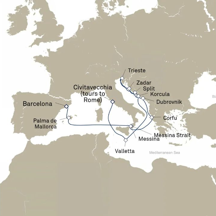 Queen Elizabeth Voyage Q830A itinerary map from Civitavecchia (tours to Rome), Italy to Barcelona, Spain