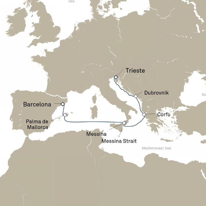 Queen Elizabeth Voyage Q831 itinerary map from Trieste, Italy to Barcelona, Spain