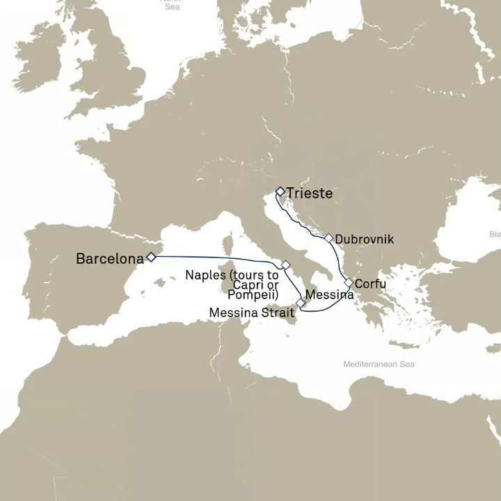 Queen Elizabeth Voyage Q828 itinerary map from Trieste, Italy to Barcelona, Spain