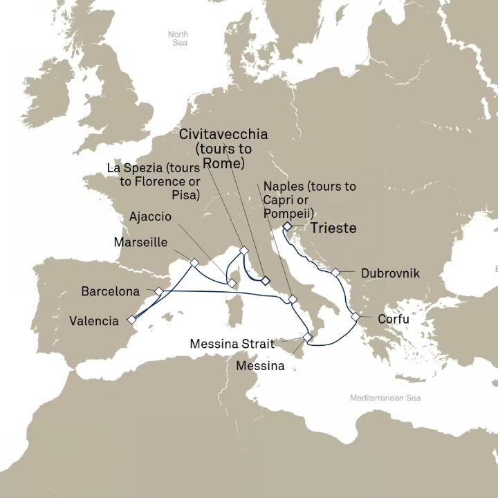 Queen Elizabeth Voyage Q828A itinerary map from Trieste, Italy to Civitavecchia (tours to Rome), Italy