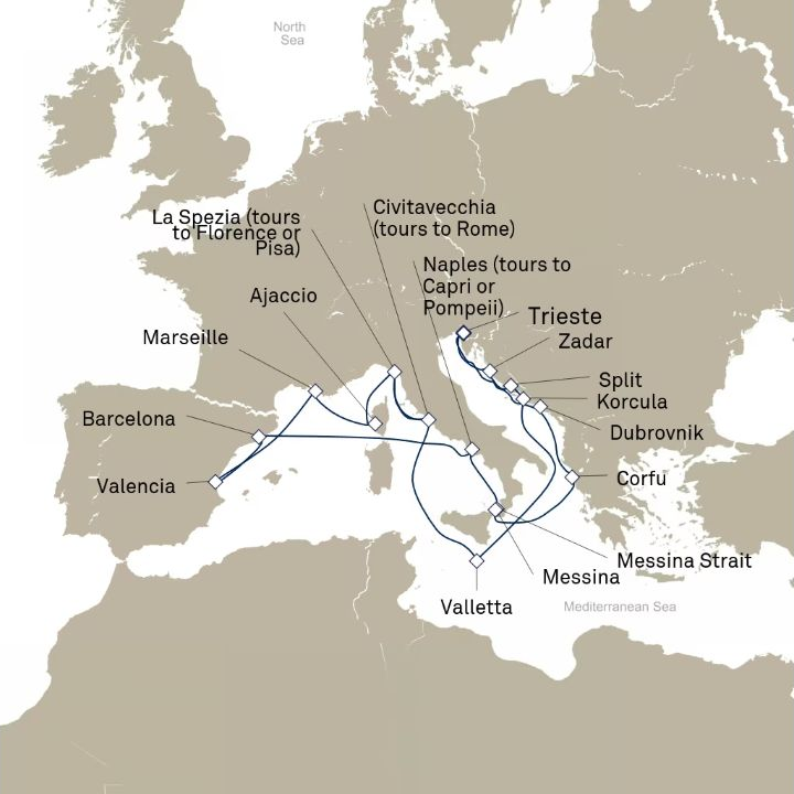 Queen Elizabeth Voyage Q828B itinerary map from Trieste, Italy to Trieste, Italy