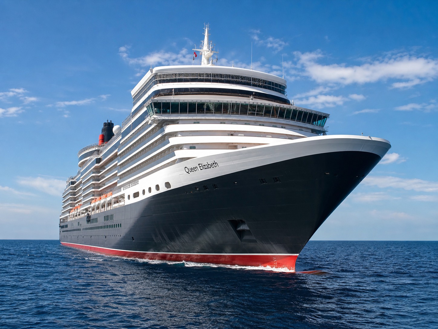 Cunard Queen Elizabeth cruise ship sailing at sea