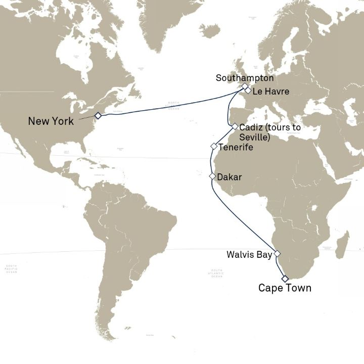 Queen Mary 2 voyage M608A itinerary map from Cape Town, South Africa to New York, NY, USA