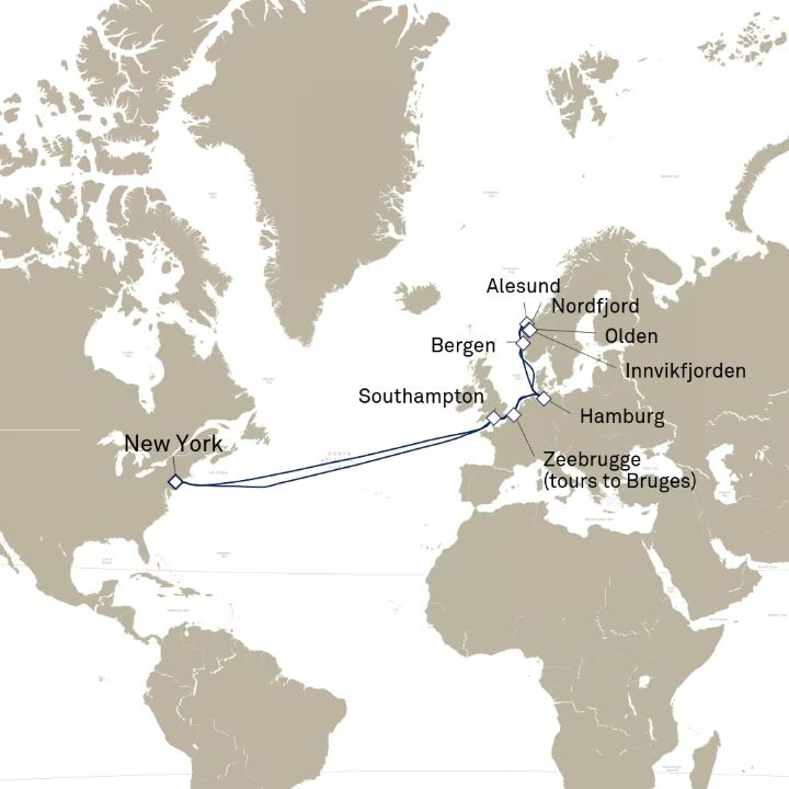 Queen Mary 2 voyage M619B itinerary map from New York, NY, USA to New York, NY, USA