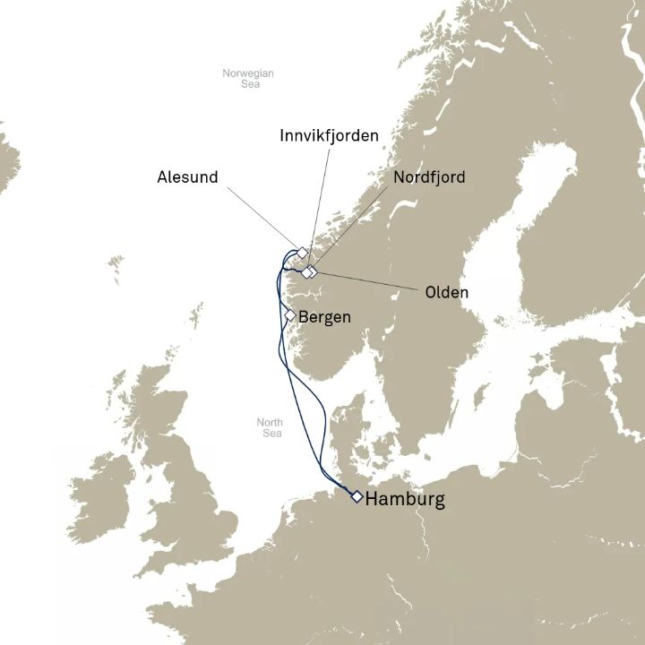 Queen Mary 2 voyage M620 itinerary map from Hamburg, Germany to Hamburg, Germany