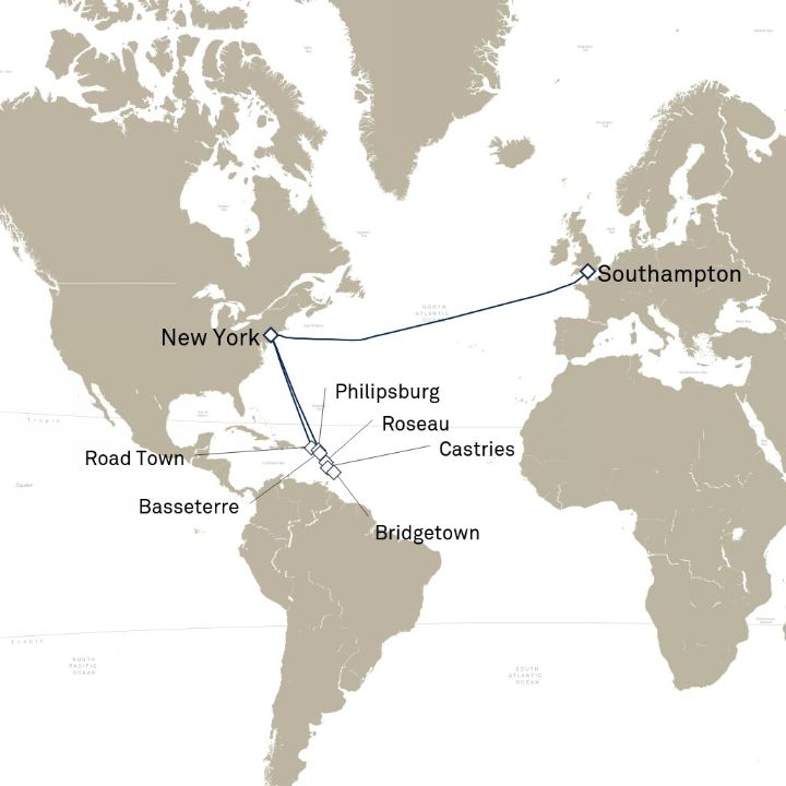 Queen Mary 2 voyage M634A itinerary map from Southampton, England, UK to New York, NY, USA