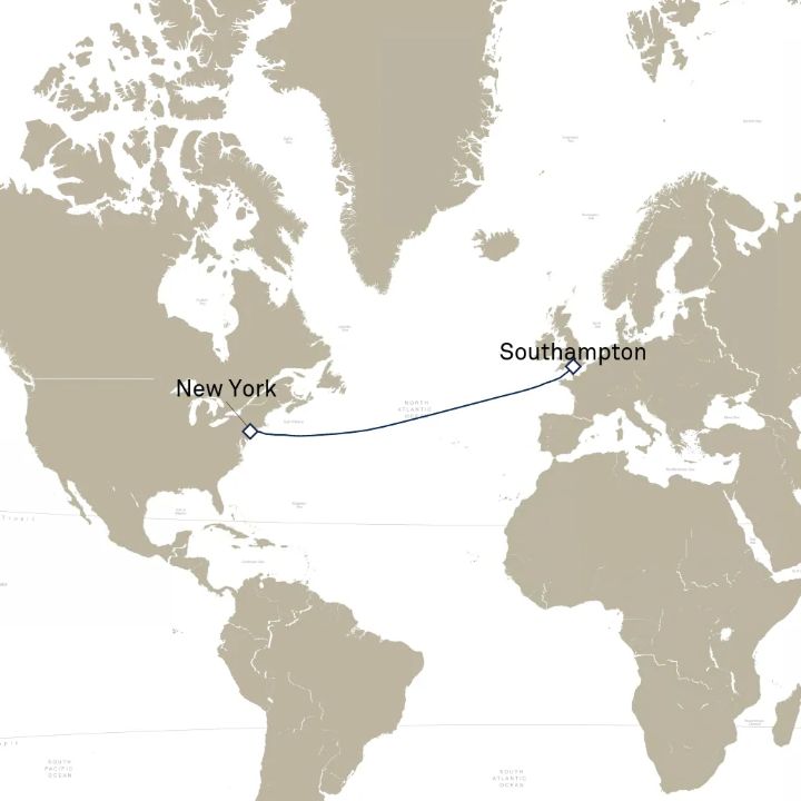 Queen Mary 2 voyage M634 itinerary map from Southampton, England, UK to New York, NY, USA