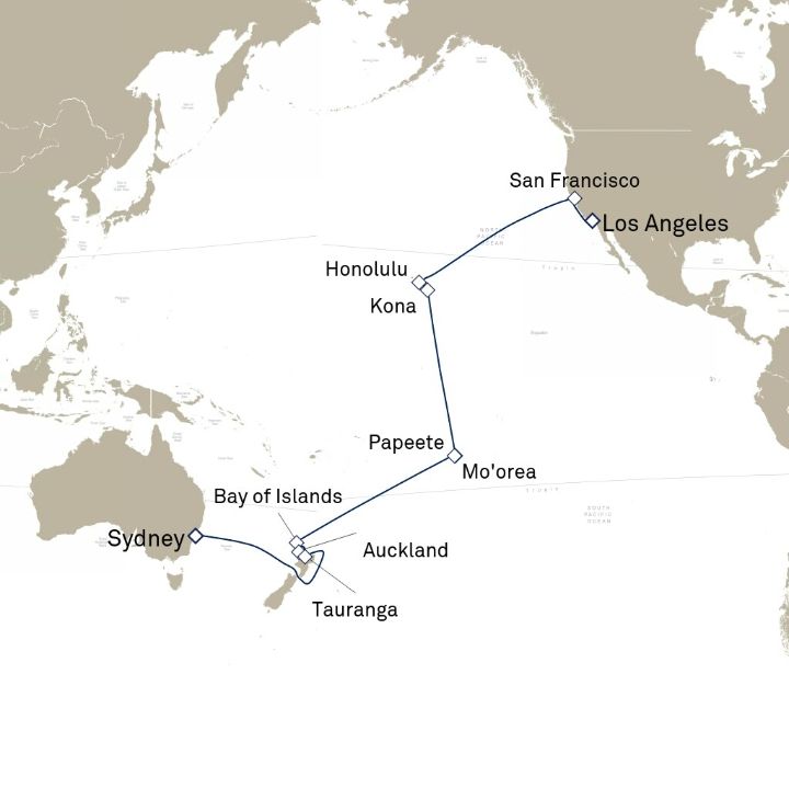 Queen Mary 2 voyage M604L itinerary map from Los Angeles, CA, USA to Sydney, NSW, Australia