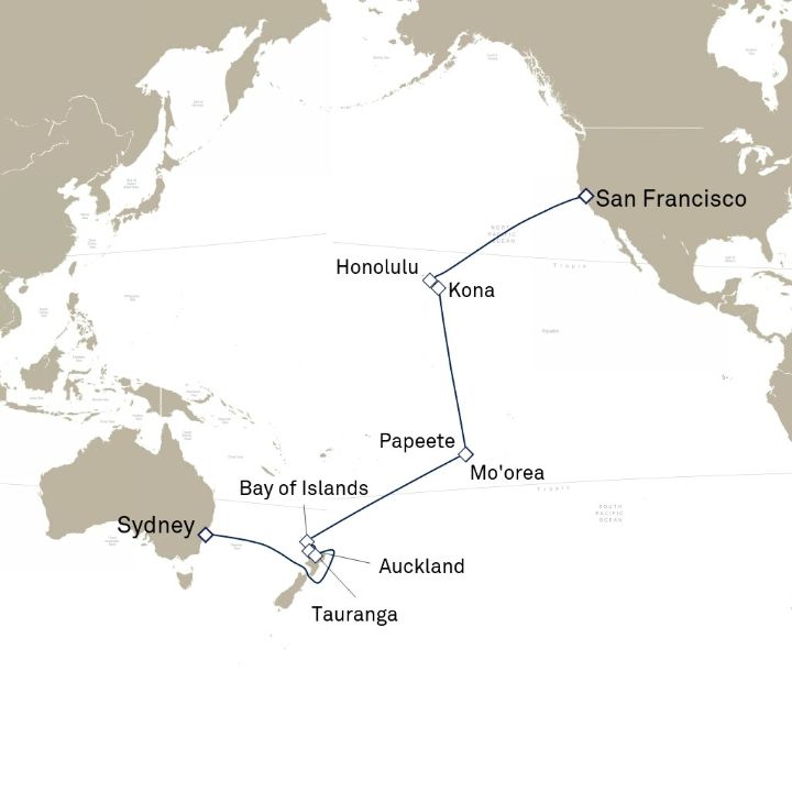 Queen Mary 2 voyage M605 itinerary map from San Francisco, CA, USA to Sydney, NSW, Australia