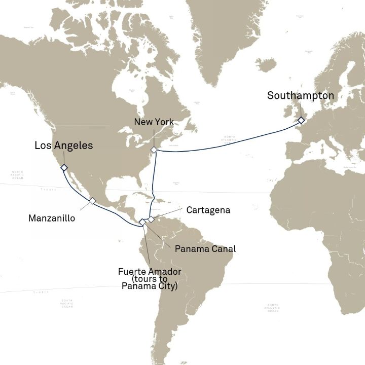 Queen Mary 2 voyage M603E itinerary map from Southampton, England, UK to Los Angeles, CA, USA