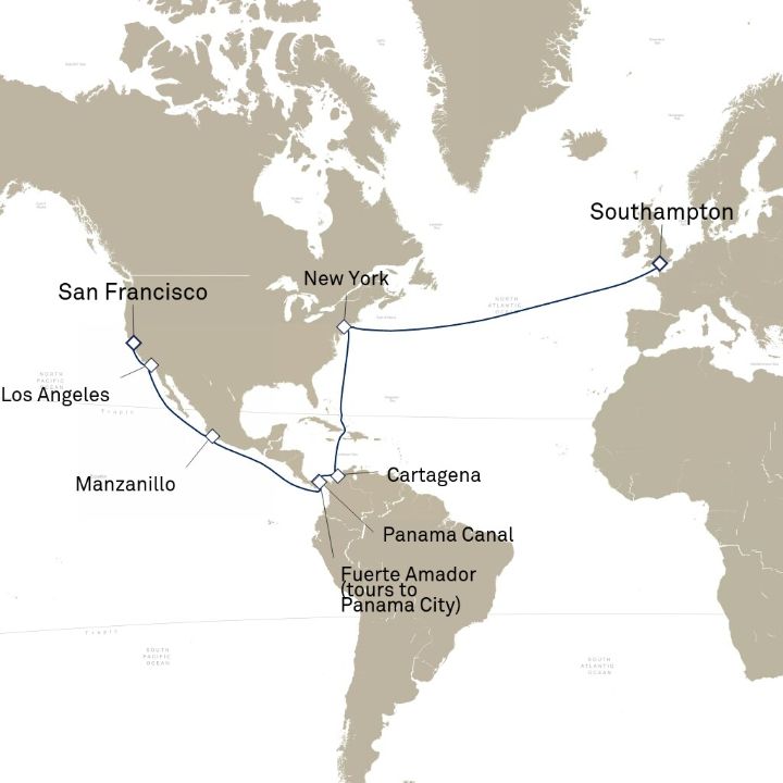 Queen Mary 2 voyage M603F itinerary map from Southampton, England, UK to San Francisco, CA, USA