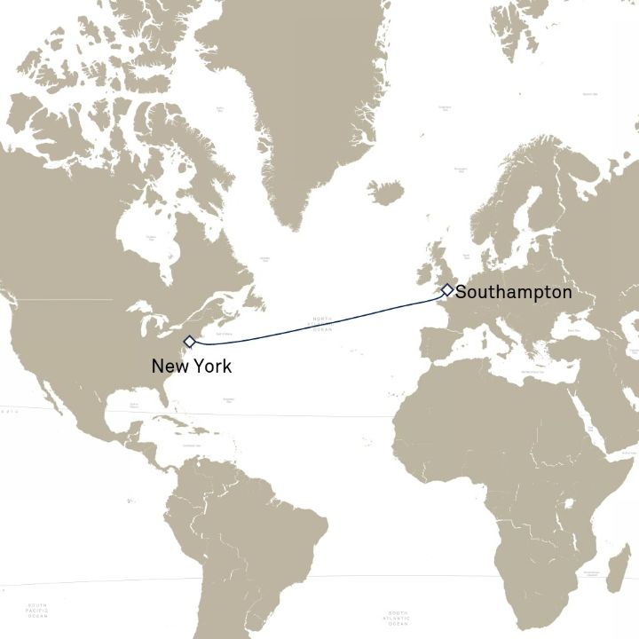 Queen Mary 2 voyage M602 itinerary map from New York, NY, USA to Southampton, England, UK