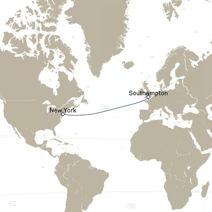 Queen Mary 2 voyage M616B itinerary map from Southampton, England, UK to New York, NY, USA