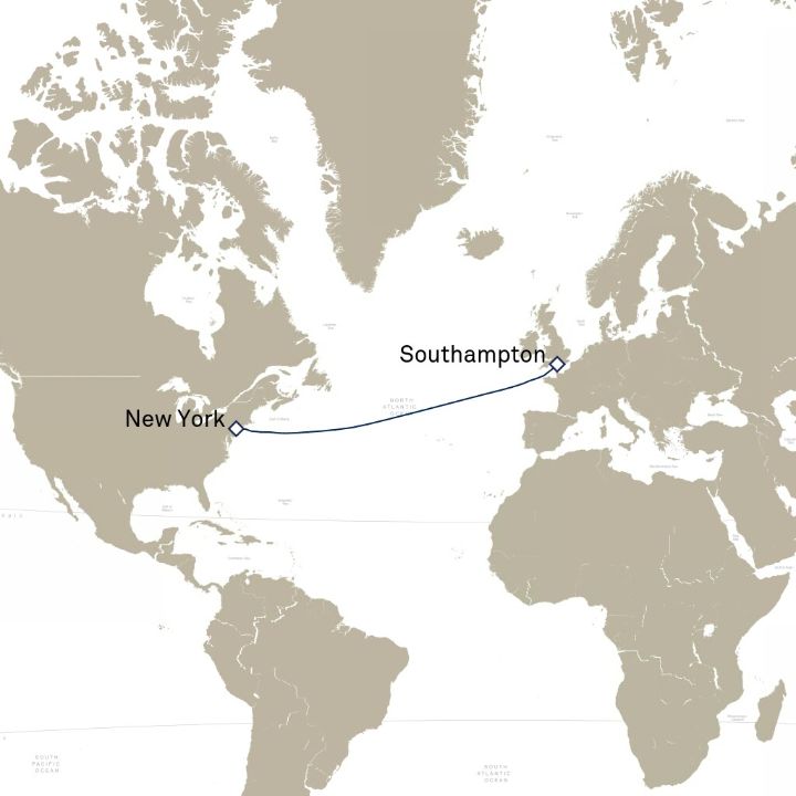 Queen Mary 2 voyage M611S itinerary map from Southampton, England, UK to New York, NY, USA