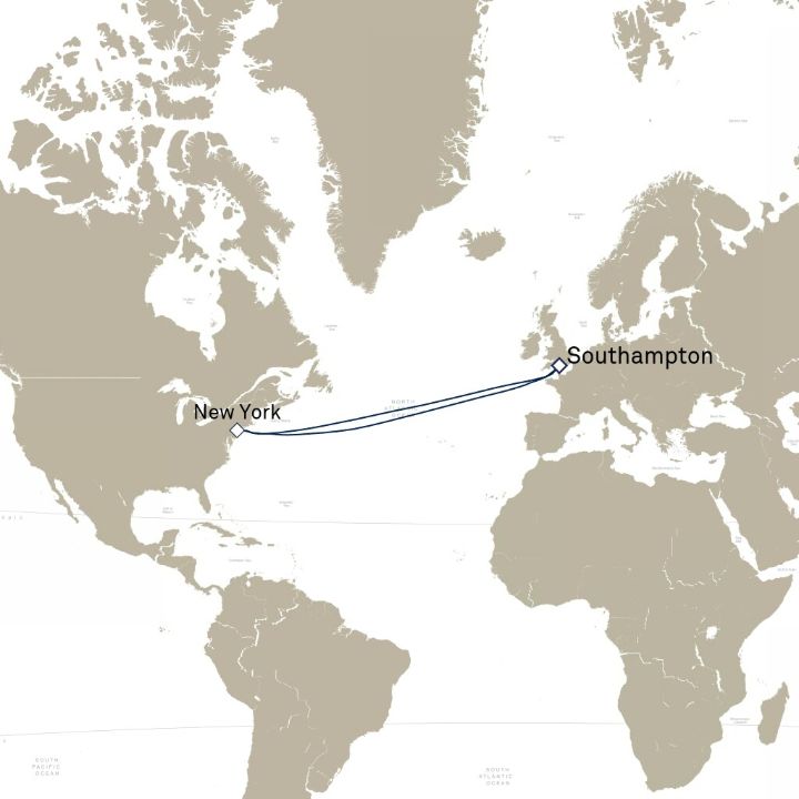 Queen Mary 2 voyage M611E itinerary map from Southampton, England, UK to Southampton, England, UK