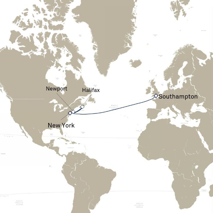 Queen Mary 2 voyage M613A itinerary map from Southampton, England, UK to New York, NY, USA