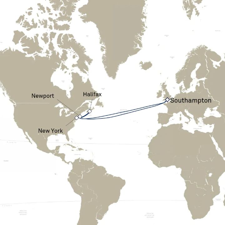 Queen Mary 2 voyage M613B itinerary map from Southampton, England, UK to Southampton, England, UK