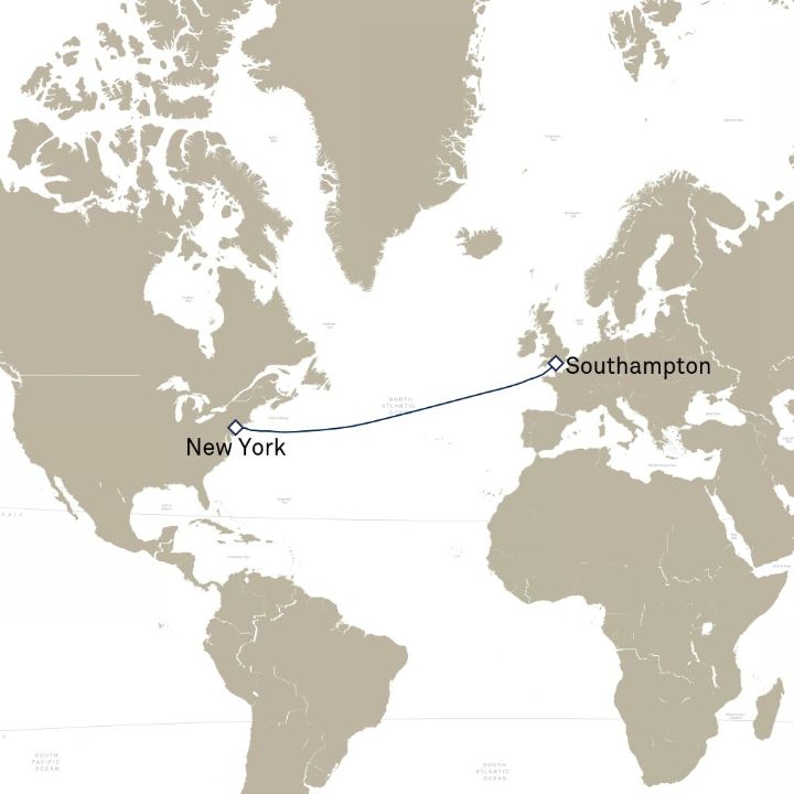 Queen Mary 2 voyage M613 itinerary map from Southampton, England, UK to New York, NY, USA